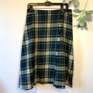 Wool Blue, Green Plaid Wrap Midi Skirt